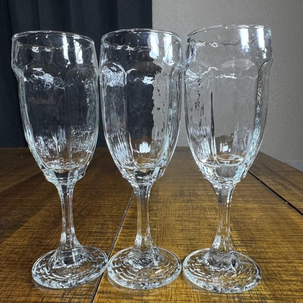 Vintage Libbey 6.75" Chivalry‎ Clear Textured Glass Champagne Flutes Set of 3